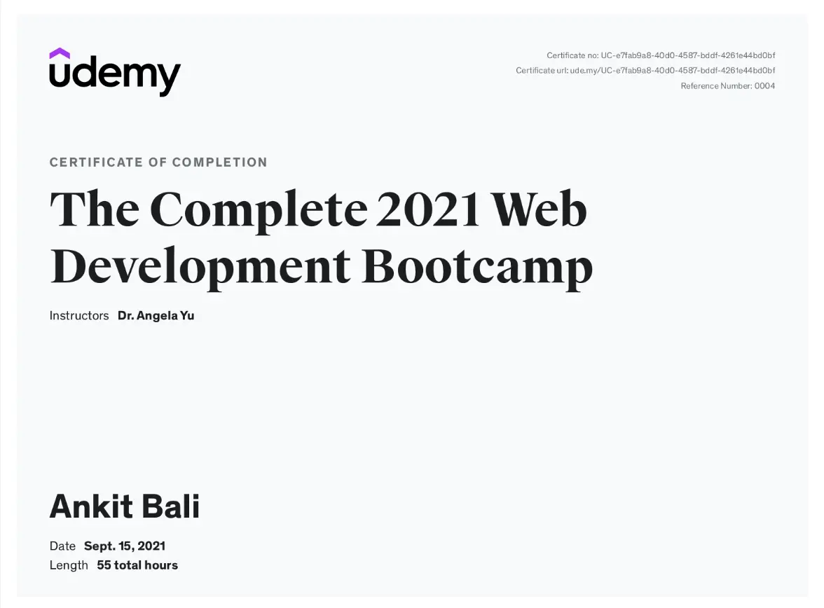 Web Development Bootcamp certificate