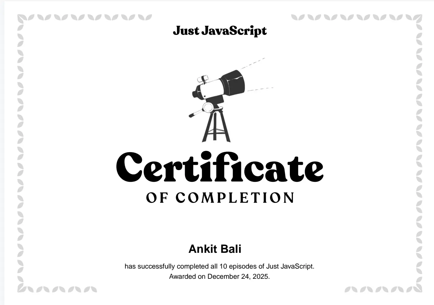 Just JavaScript Course certificate